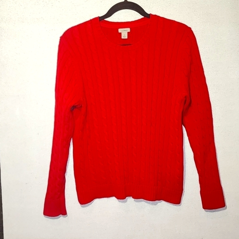 L.L. Bean Red Cable Knit Large Petite Cozy Classic Cotton